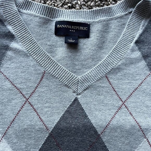 Banana Republic Sweater Mens Large Gray Argyle V Neck 100% Cotton Business Top - Picture 2 of 7